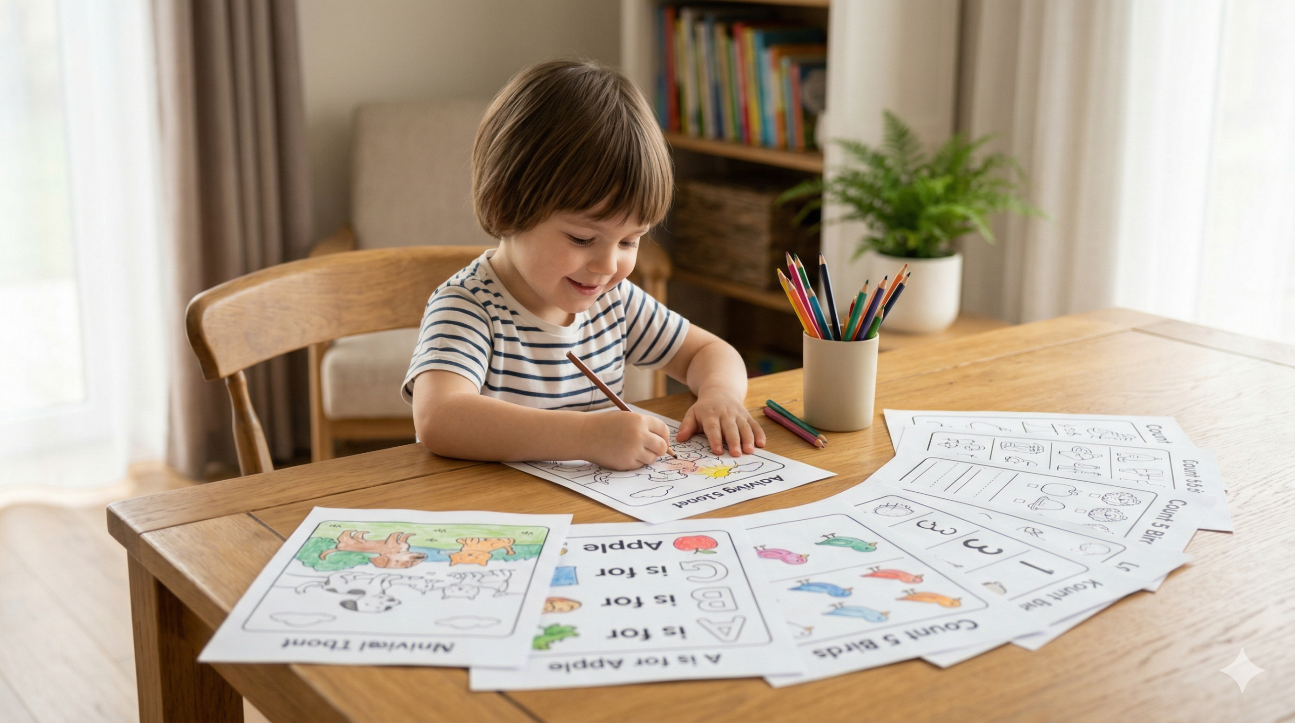 Criança feliz fazendo atividades de papel longe do tablet