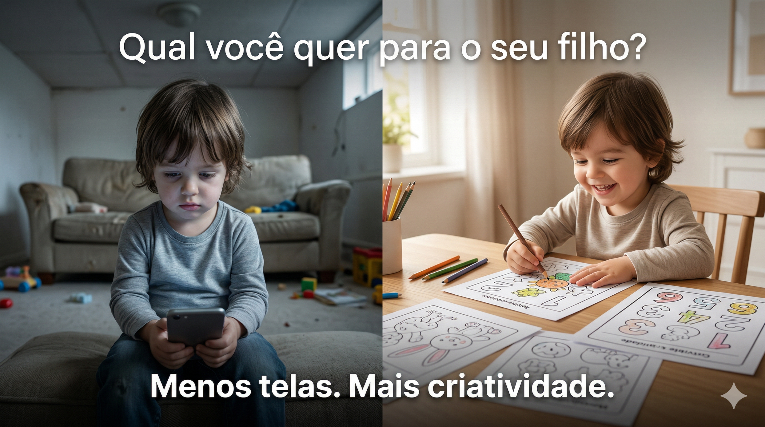 Comparativo: Criança triste no celular vs Criança feliz criando